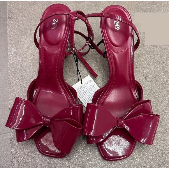ZARA Red Embellished Heels NWT | Maxi Bow Strap Patent Finish - Picture 5 of 16